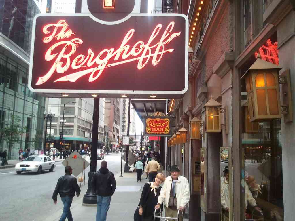 Yep, it's the Berghoff! Notice Cousin Karen and Uncle Eddy posing in the lower center of the picture. When I was at the Museum of Science and Industry, they had an old-fashioned main street with various offices and shops. One of the restaurants was the Berghoff. The sign said it was established in 1898.
