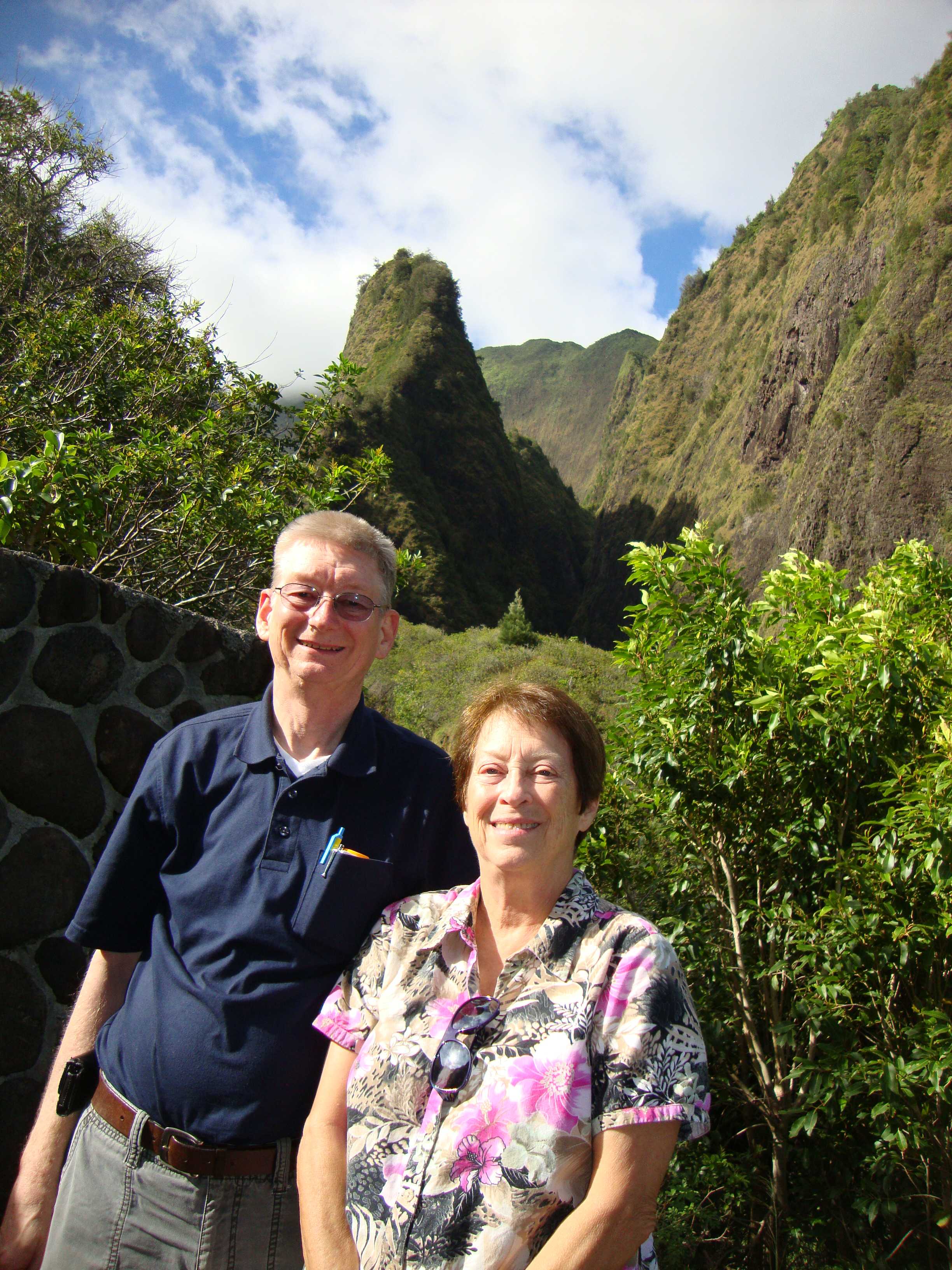 Charles and Helen having their picture taken in front of the famous Iao Needle.
