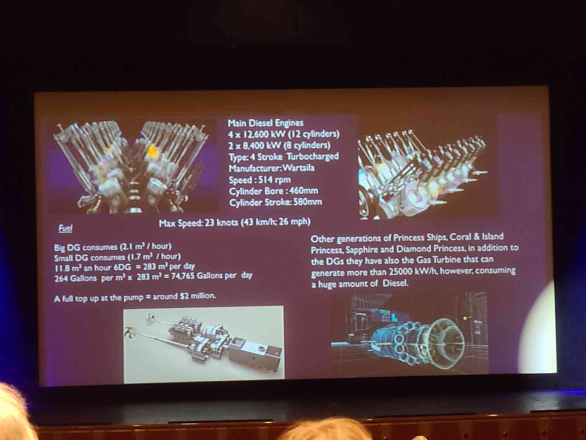 The ship's massive engines generate electricity to power the electric motors that turn the giant propellers.