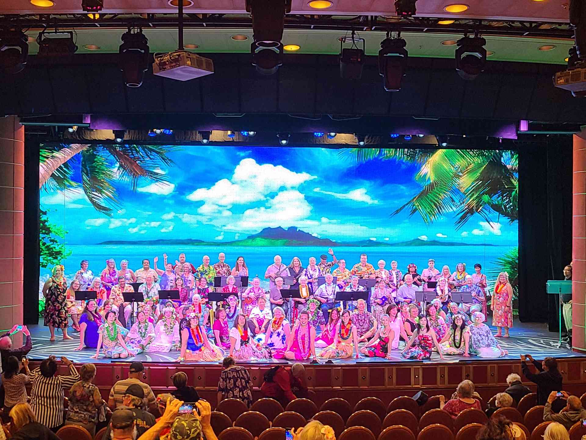 This show at the end of the cruise was put on by passengers! The ukulele players and hula dancers practiced all trip. If you look closely at the back row, our new friend Ron is waving!