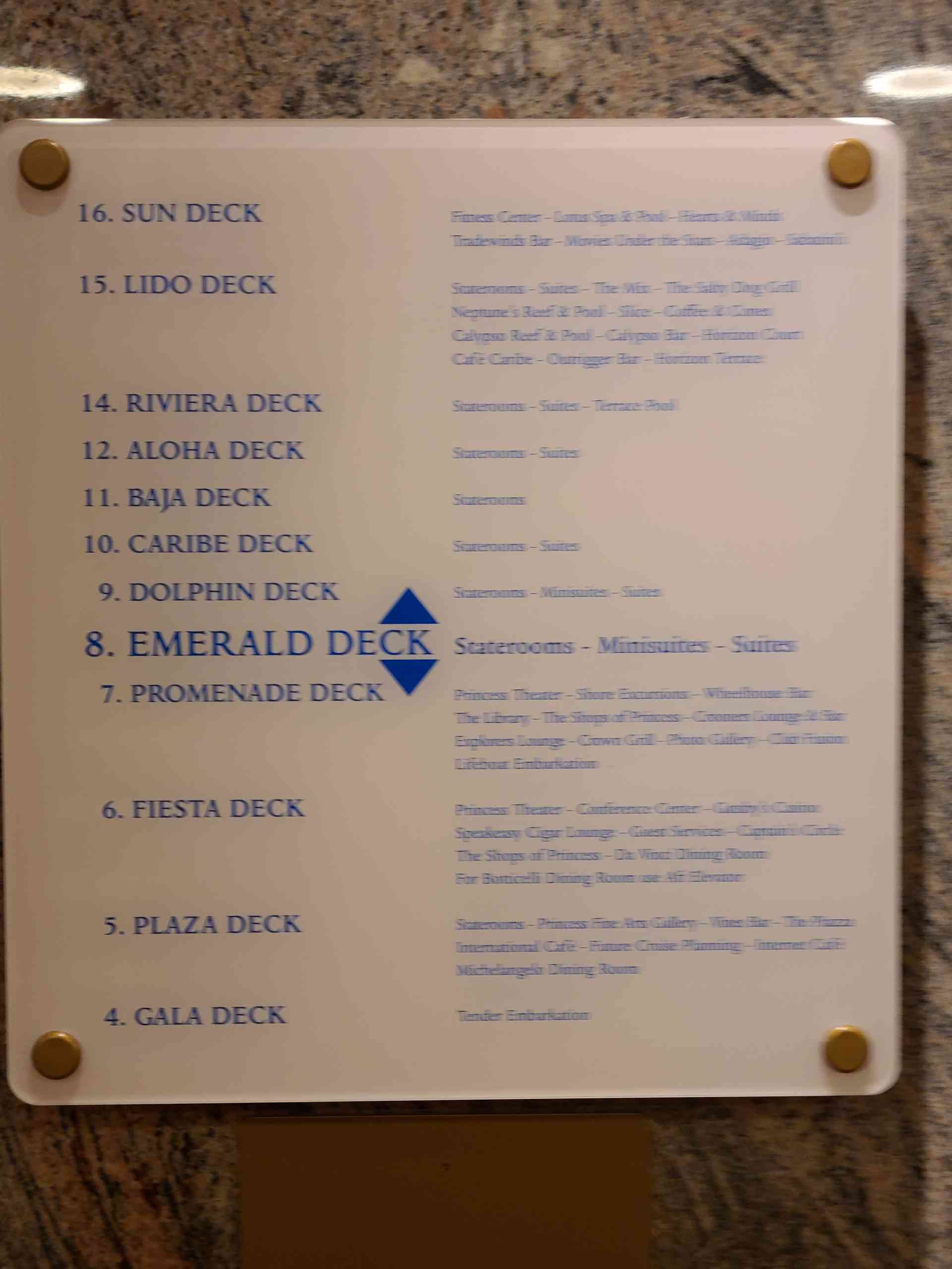 The incredibly helpful deck guide sign near the elevators.