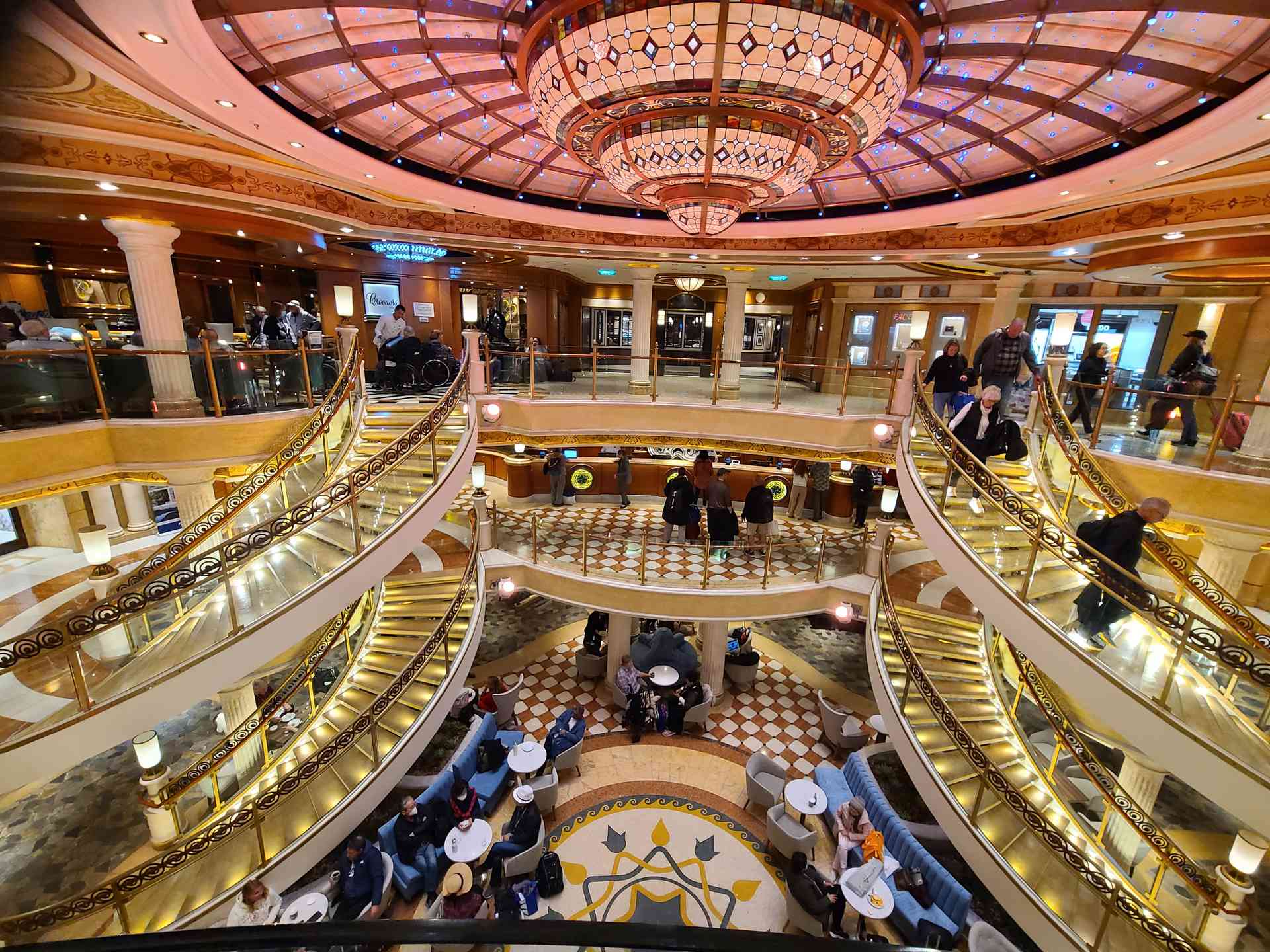A beautiful view of The Piazza! It is three decks high with stunning semi-circular staircases on either side.