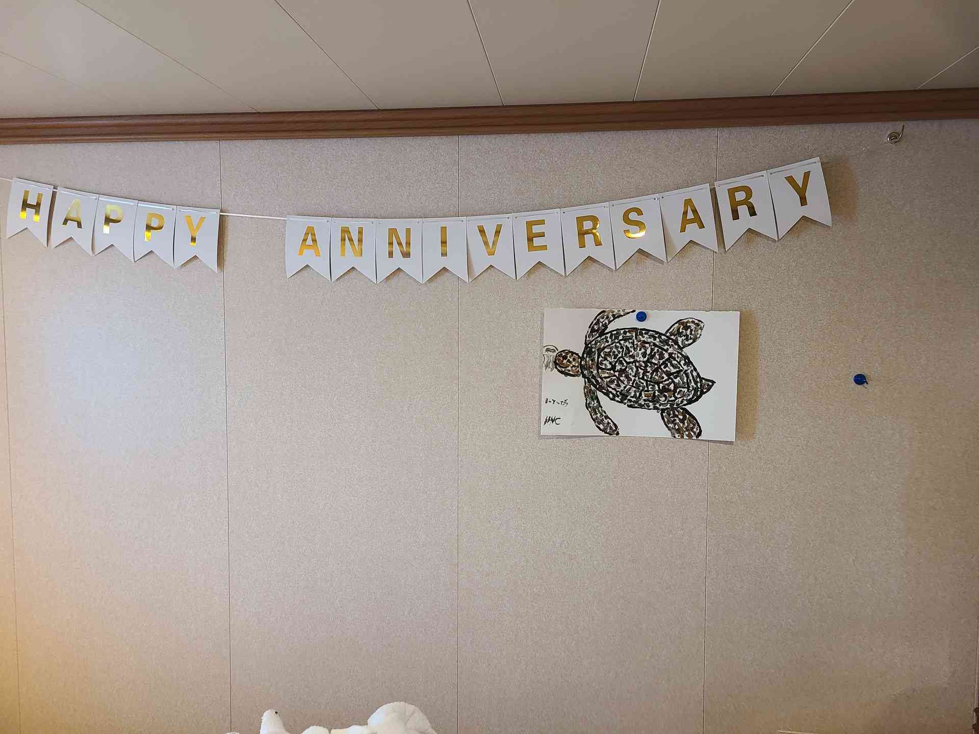 I ordered a 'Happy Anniversary' sign prior to the cruise! Below it is Helen's beautiful watercolor.