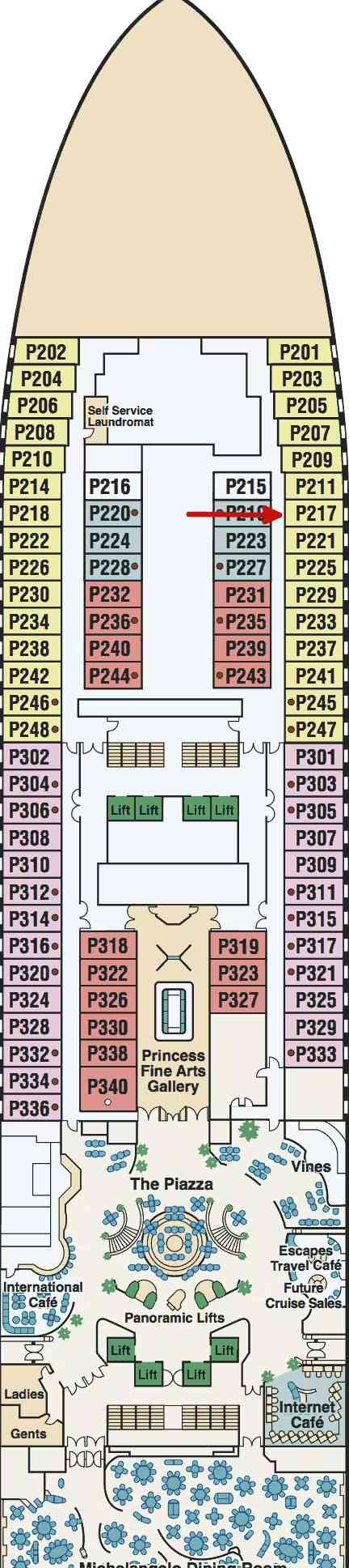 The red arrow points to Helen and my cabin (P217) on Deck 5.
