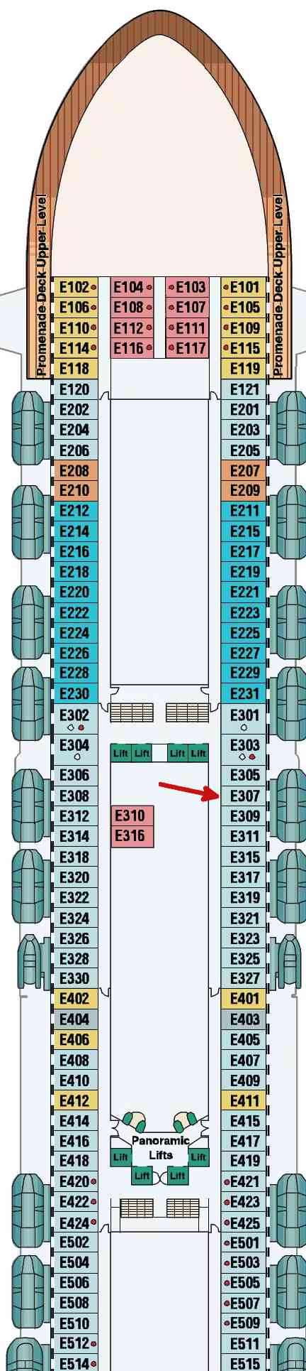 Just 3 decks up on Deck 8 is where Doris and Vic stayed (E307). It was incredibly convenient!