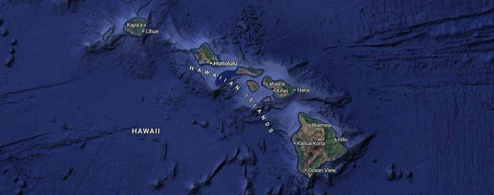 The Islands, from NorthWest (top left) to SouthEast (bottom right): Kaua'i, Oahu, Maui, and Hawai'i (a.k.a. 'The Big Island').