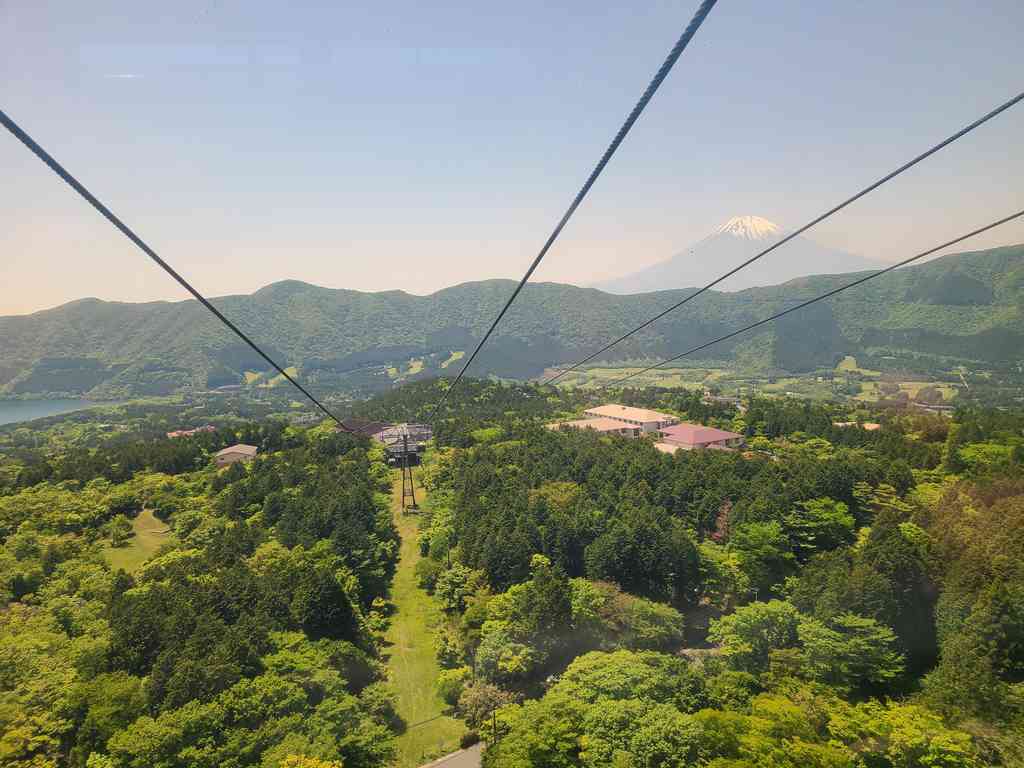 Looking down into the lush valley while riding the ropeway.